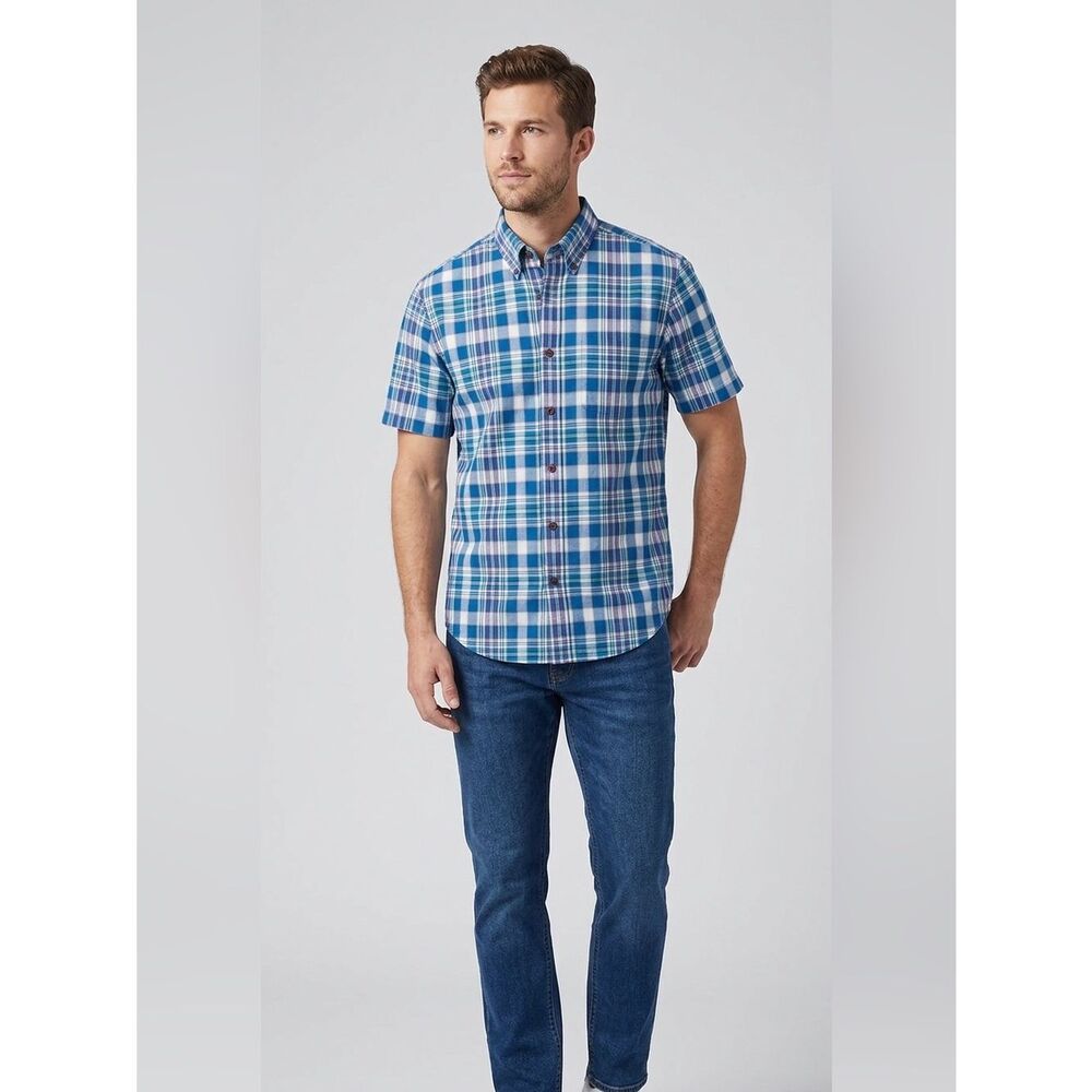 Lands End Men’s 100% Cotton Blue Plaid Short Sleeve Button Down Shirt Medium